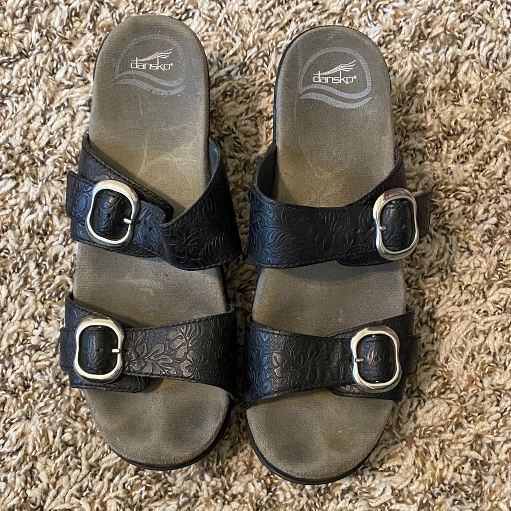 Dansko Black Embossed Sandals with Silver Buckles